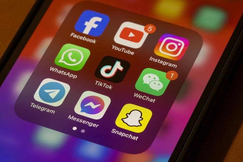 Assorted popular social media apps, including Facebook, YouTube, Instagram, WhatsApp, TikTok.